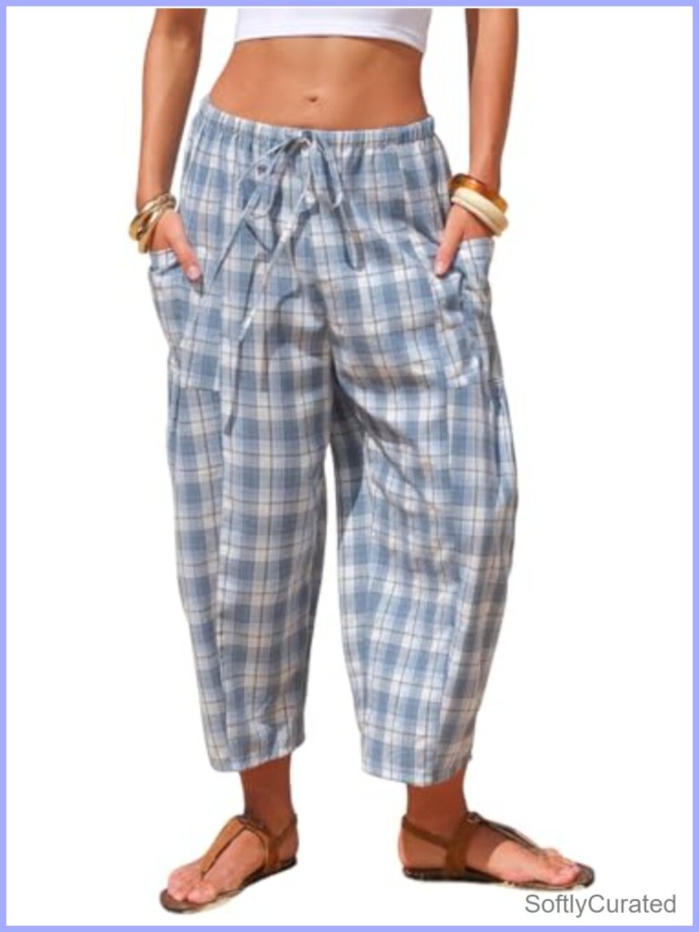 EXLURA Faux Linen Gingham Capri Pants Cotton Blend Wide Leg Summer Casual